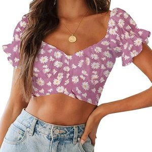 Cute Daisy Pink Sleeve Tie Up Back Crop Top - size Small